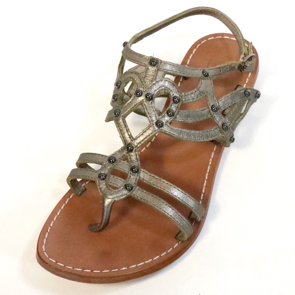 Metallic pewter leather strappy caged sandal flats